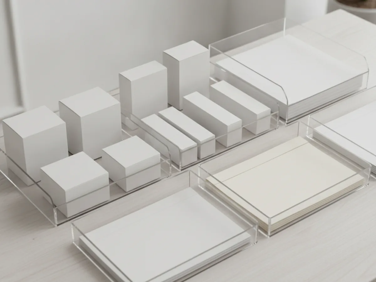 Neatly organized blank cosmetic cartons and document trays representing US MoCRA and EU CPNP export registration paperwork