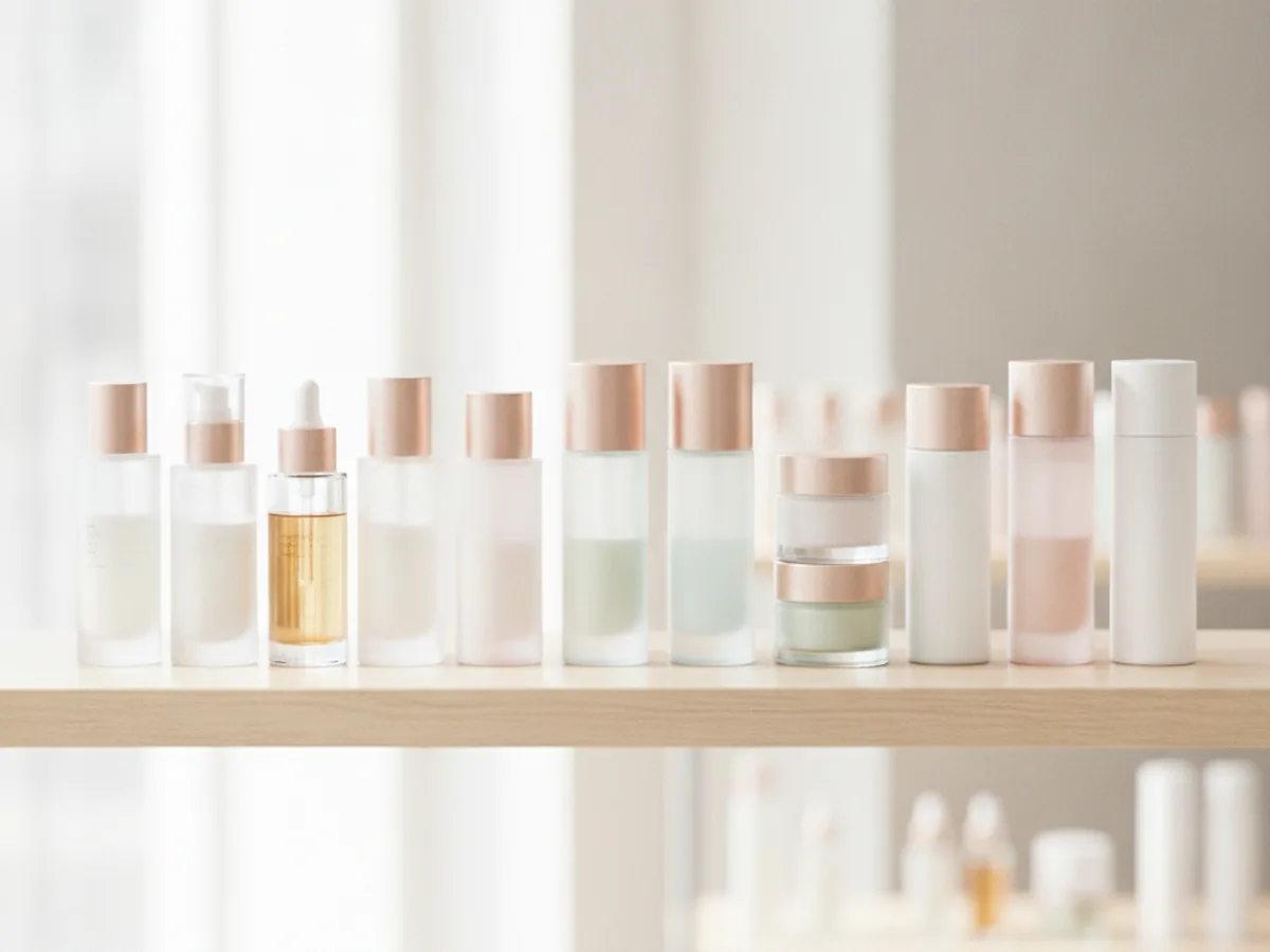Premium Korean skincare products lined up on a bright global retail shelf, reflecting record K-Beauty exports into overseas markets