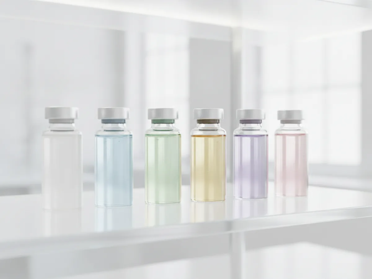 Row of glass vials holding differently tinted cosmetic serums, representing the 2026 K-Beauty active ingredient families PDRN, exosome, peptide and fermented